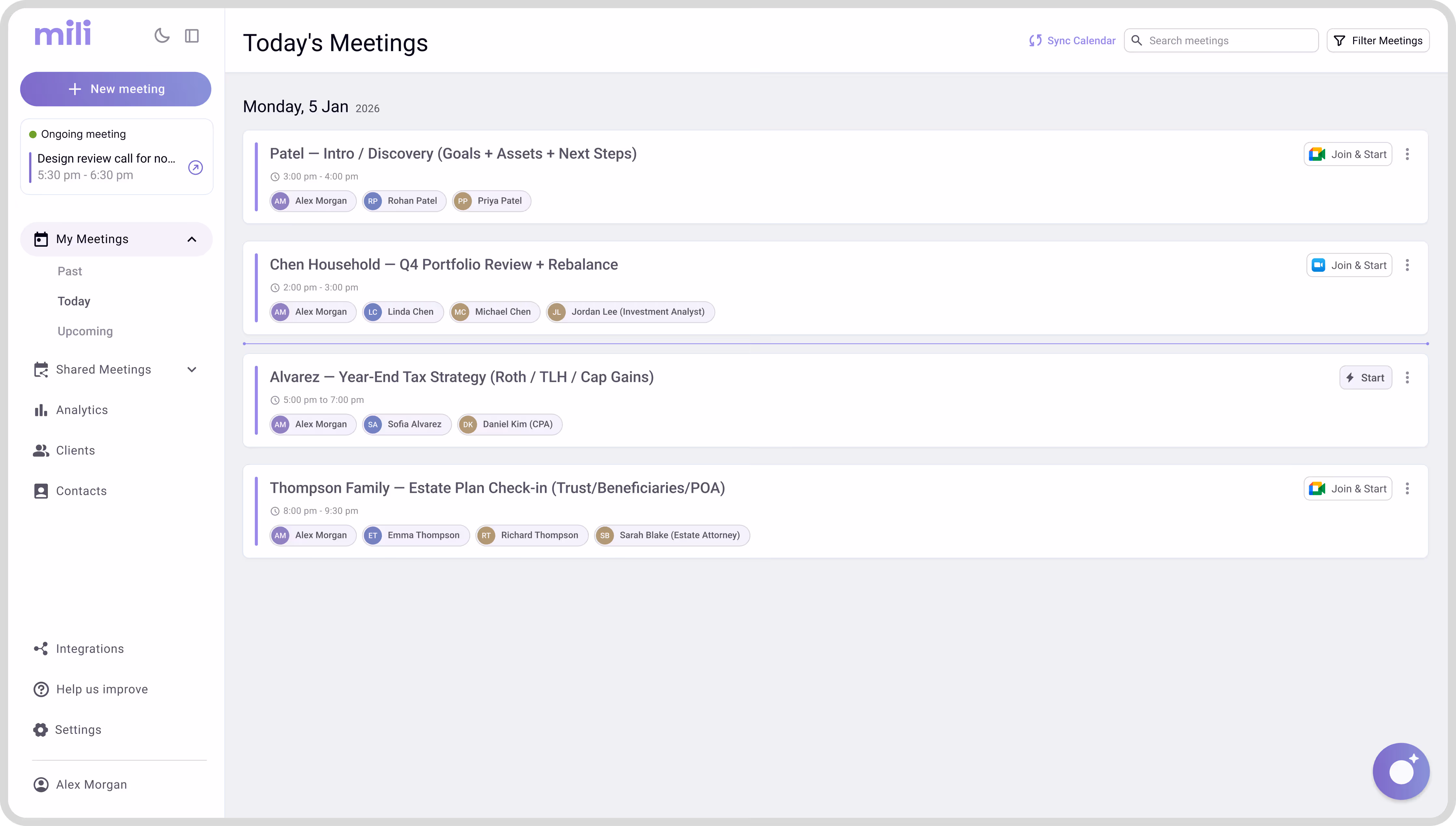 Digital meeting scheduler interface showing today's meetings for Monday, January 5, 2026, with four scheduled meetings and options to join or start each.